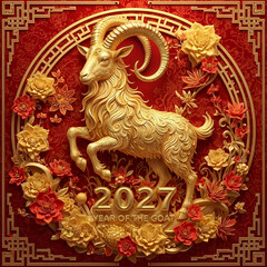Fototapeta premium Luxury Chinese New Year 2027 background featuring a red goat and full floral elements 