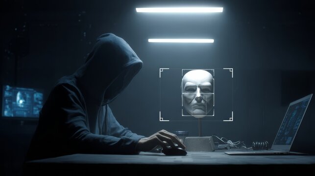 A hooded person sitting at a desk with a laptop and a facial recognition scan on the wall