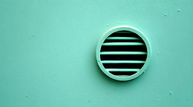 A vibrant turquoise surface with texture, featuring a circular air vent with horizontal slats. The vent is centrally positioned