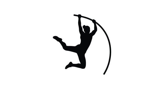 A dynamic black silhouette depicts an athlete in mid air skillfully performing a pole vault jump silhouette