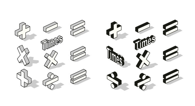 Isometric Math Symbols: A 3D Conceptual Design Illustrating Essential Arithmetic Operations like Addition, Subtraction, Multiplication, Division, and Equality for Education, Design.