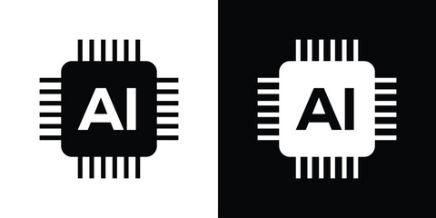 Obraz premium Solid vector icon of an Artificial Intelligence CPU chip. Professional black and white graphic representing machine learning, smart computing power, and neural network hardware.