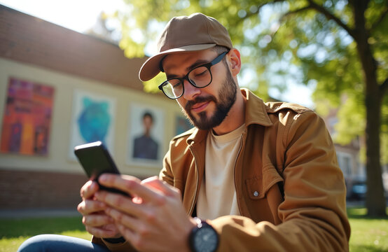 Man in hat and glasses uses smartphone outdoors under tree. Young male is focused on mobile device screen. Person enjoys sunlight while browsing phone.