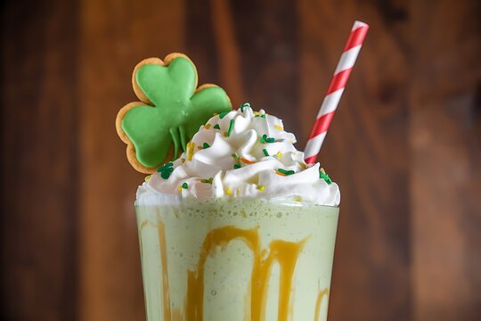 St. Patrick's Day green freak shake topping with clover cookie with copy space