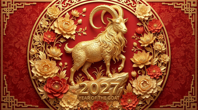 Elegant Chinese New Year greeting card 2027 featuring a golden goat and golden Chinese 