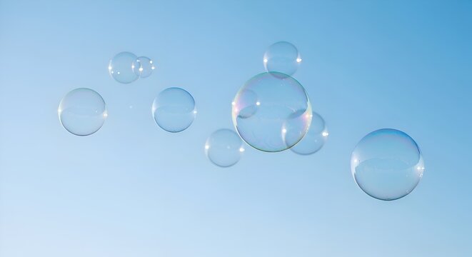 Floating soap bubbles against a clear blue sky, playful and light
