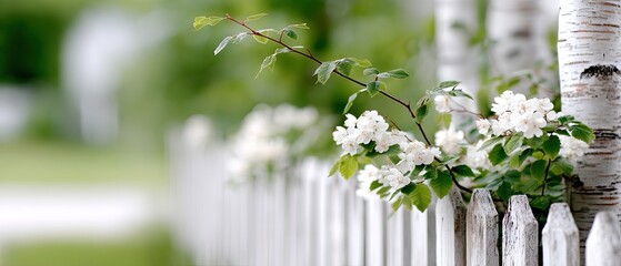 Obraz premium Close up of white painted tree trunk with branches, green grass, and picket fence in a sunny backyard setting