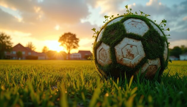 Soccer ball overgrown with grass and plants sits on field during sunset. Soft light bathes green meadow and distant houses. Nature reclaims sport.