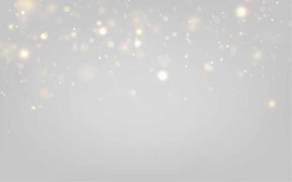 Shining gold dust sparkles over soft bokeh circles. Warm glowing particles drift slowly like magic snow. Christmas design overlay PNG.