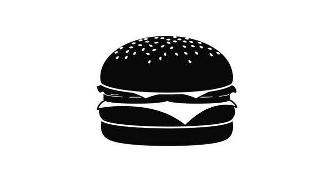A striking black silhouette depicts a classic cheeseburger with visible layers showcasing fast food simplicity as a silhouette
