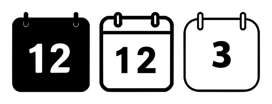 Calendar date icon set with solid black graphic on white background featuring date, calendar, timekeeping with icons and design
