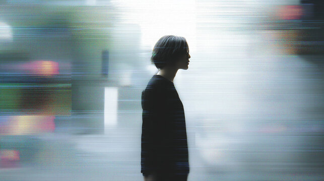 Solitary Silhouette Amid Digital Glitch, Digital Identity Crisis Of Tech Worker In Neon Lit Urban Corridor, Blurred Motion And Fragmented Screen Overlays, Surveillance Signals And Privacy Tension,