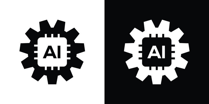 Bold vector icon featuring an AI processor inside a solid gear. Symbolizes the power of AI in automation, industrial processing, smart manufacturing, and technological evolution.