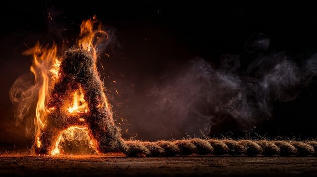 A large burning letter A made of straw on fire at night