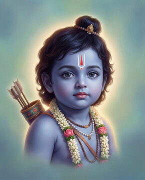 Lord Rama with Blue Skin, Bow, and Arrow, Indian God Portrait
