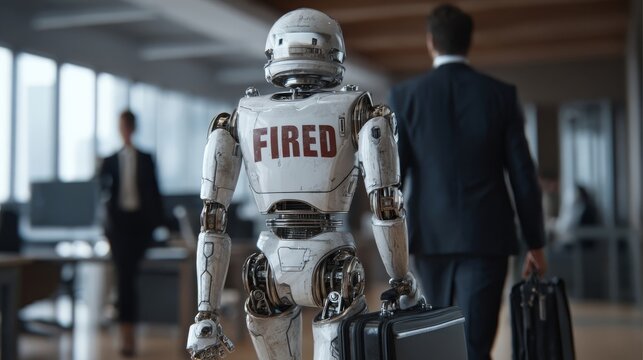 A robot with a fired sign on its back walking in an office
