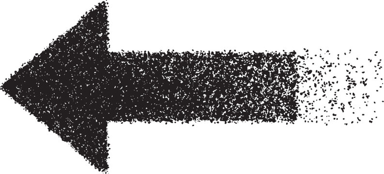 Black arrow pointing left with a textured grainy particle dispersion effect