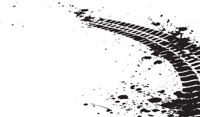 Black tire track mark with mud splashes on a white background © Welcome