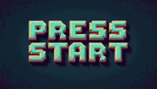 Retro arcade game text PRESS START in pixel art style. This digital font uses blocky letters and numbers on a dark textured background, ideal for gaming interfaces or retro tech themes.