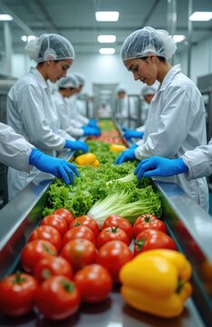 Workers in clean suits, blue gloves sort fresh vegetables on conveyor belt at food processing plant. Tomatoes, lettuce, bell peppers prepared for packaging, distribution, ensuring quality, hygiene