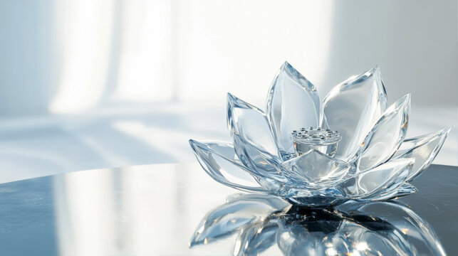 Elegant 3D crystal lotus flower made of translucent glass on a reflective surface with soft morning light