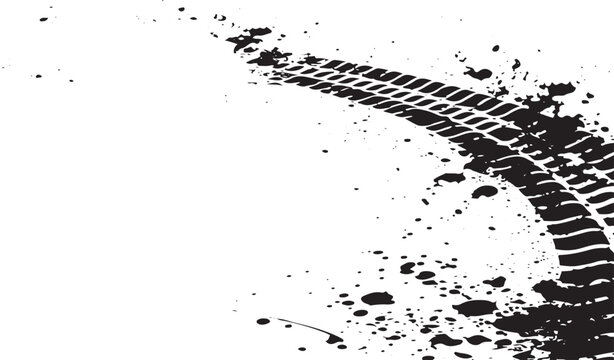 Black tire track mark with mud splashes on a white background