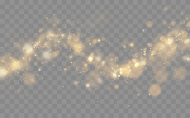 Soft golden dust floats over glowing bokeh circles. Tiny sparkles drift like magical snow in warm light. Elegant festive overlay design. © Extrastock