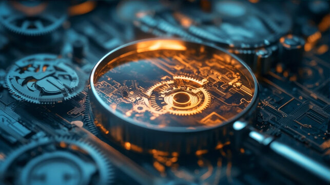 Magnifying glass searching and focusing on a glowing orange data chip on a dark blue circuit board