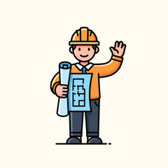 Fototapeta premium Illustration of an architect with a hard hat, blueprint, and wave, set against a solid beige background. It uses thick black outlines
