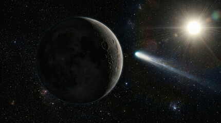 Fototapeta premium Stellar Scene: Comet and Cratered Planet Illuminated by Distant Star