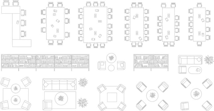 Detailed architectural top-down plan views showcasing various conference and dining tables with chairs, essential for interior design layouts.