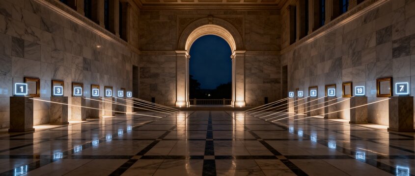 Vector Database Gallery. Museum hall arranges AI vectors as lit plinths