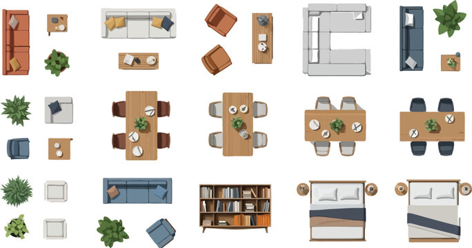 Top view collection of various modern home furniture and potted plants for interior design floor plans and architectural layouts.