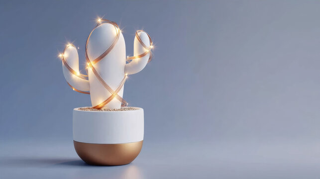 Modern minimalist white ceramic cactus sculpture wrapped in glowing golden string lights in a contemporary pot over a blue background for holiday decor