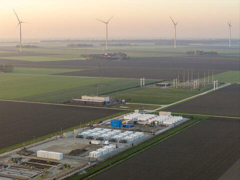 Aerial view of battery energy storage system supporting wind energy grid netherlands