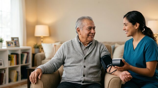 Senior Hispanic man having blood pressure checked by female nurse at home.