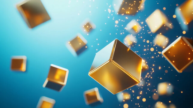 Abstract 3D illustration of golden cubes floating in blue space with glowing particles representing blockchain technology cryptocurrency and digital data storage