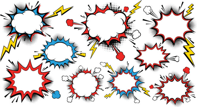Comic Speech Bubble Explosion Set with Lightning Effects Starburst Shapes and Pop Art Style Vector Elements for Dynamic Graphic Design