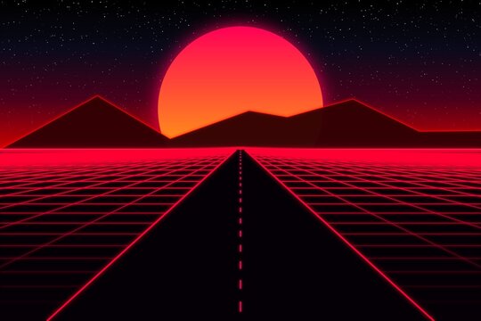Synthwave Neon Grid Road, Retro 80s Highway Drive, Glowing Red Sun Horizon, Outrun Cyberpunk Landscape, Vintage Sci-Fi Digital Art, Futuristic Night Journey