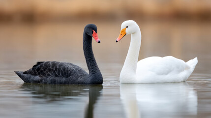 Obraz premium Black swan and white swan gracefully floating on calm lake surface