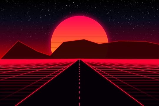 Synthwave Red Neon Grid Highway, Retro 80s Drive, Glowing Sun Horizon, Outrun Cyberpunk Landscape, Vintage Sci-Fi Digital Art, Futuristic Night Journey