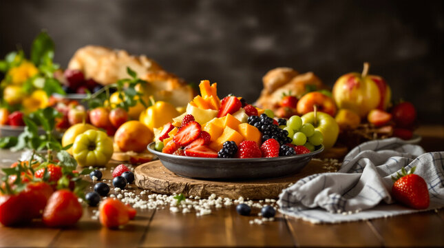 Friischer und bunter Fr&uuml;chtesalat mit Erdbeeren, Mango, Trauben und Beeren auf rustikalem Holztisch