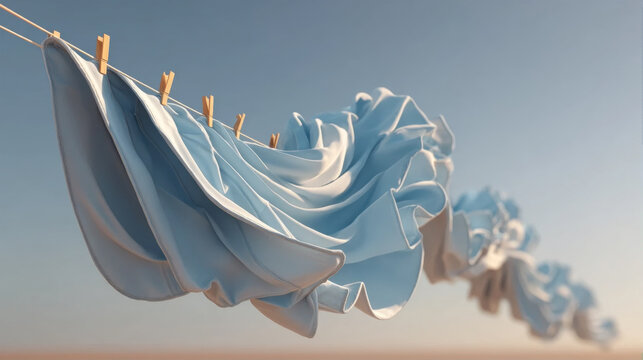 Freshly washed light blue and white laundry drying on a clothesline with wooden pins, fabric flowing in the wind against a clear sky background, concept of cleanliness and fresh air