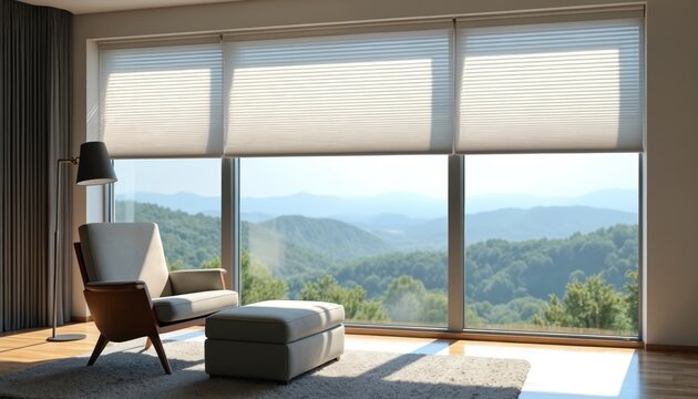 Modern living room features large window with honeycomb blinds overlooking green mountains. Comfortable armchair with ottoman sits on rug near floor lamp. Natural light streams into spacious interior.