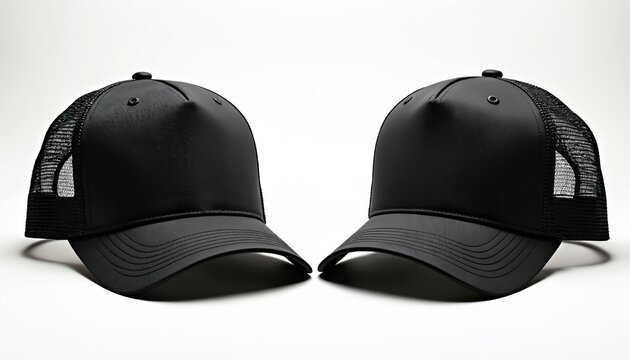 Two black trucker hats with mesh backs stand against a white background. These caps are suitable for custom printing or branding. Perfect for promotional wear, fashion, or sports.