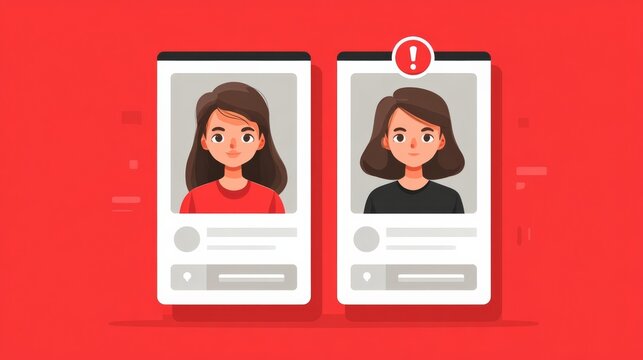 Two cartoon women profiles on mobile phones with one marked as suspicious for deepfake concept
