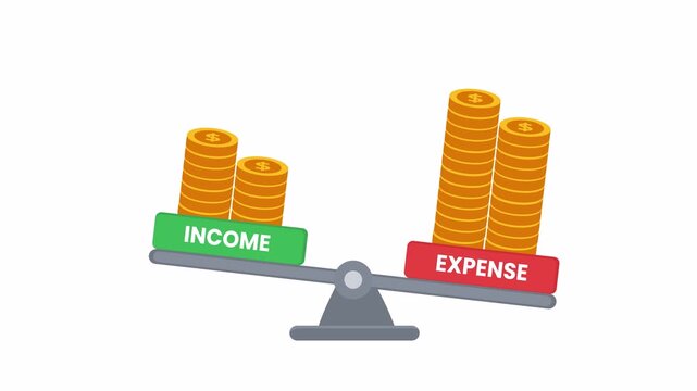 2D flat animation scale showing expense heavier than income, financial imbalance with alpha channel.
