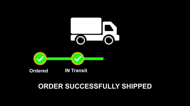 Order successfully shipped animation loading progress bar white truck on black background order shipped