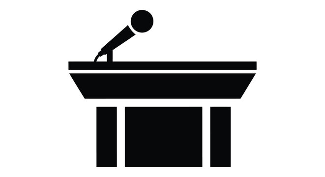 A black silhouette depicts a microphone positioned over a podium with a rectangular design silhouette high quality professional