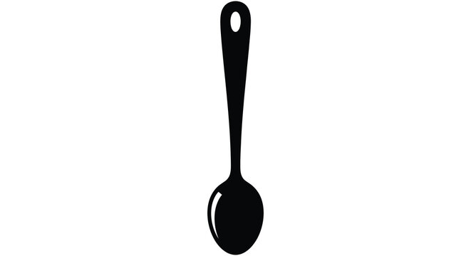 A stark black silhouette of a serving spoon against a plain white background emphasizing simple form silhouette